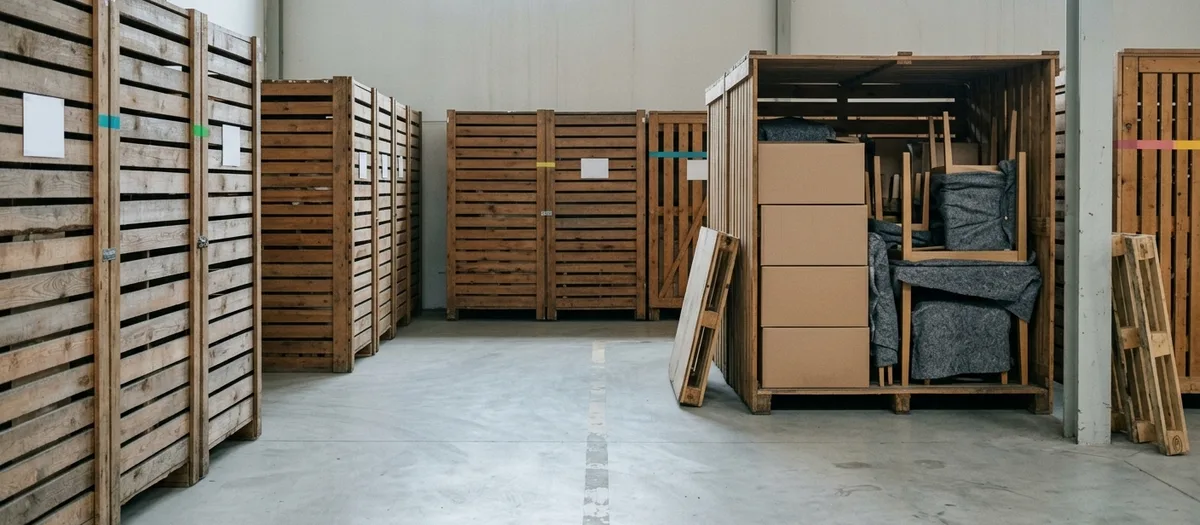 Verpackter Hausrat steht zur Verwahrung bereit