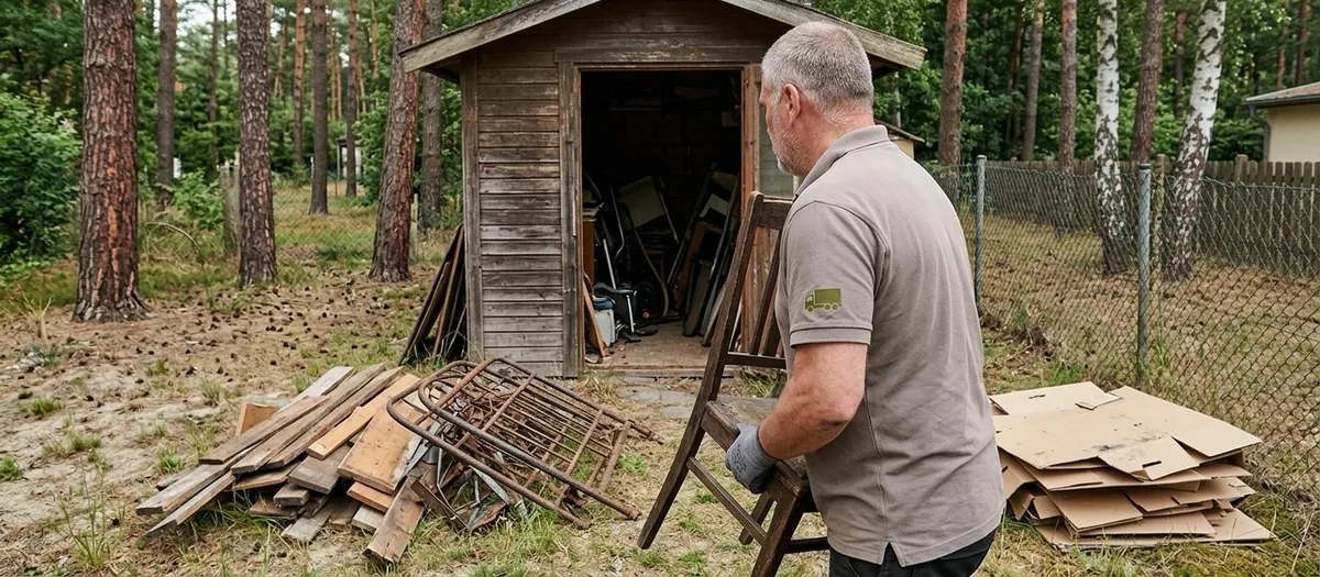 Eine Umzugskraft trägt einen alten Stuhl aus der offenen Tür eines Gartenschuppens, davor stehen nach Material sortierte Stapel aus Holz, Metall und Kartonagen