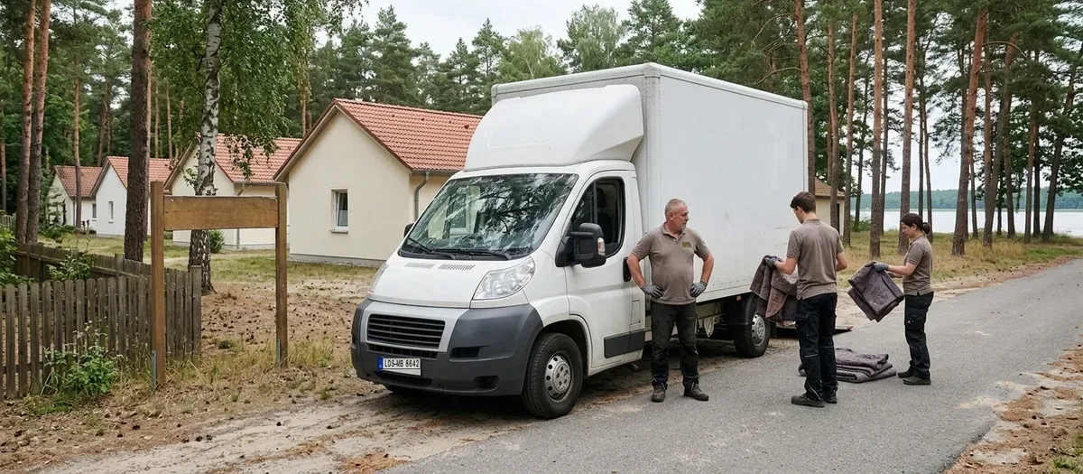 Ein Möbelfahrzeug steht am Rand einer Landstraße vor einem hölzernen Ortseingangsschild, dahinter beginnt eine Reihe niedriger Häuser zwischen Kiefern