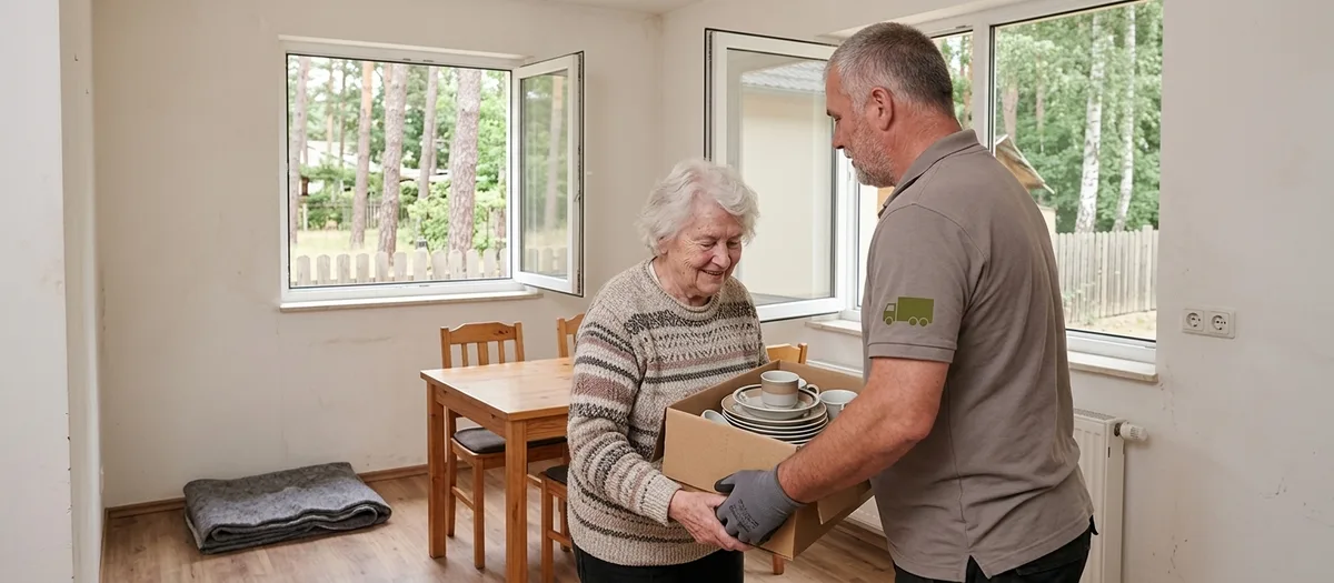 Eine Umzugskraft reicht einer älteren Frau in einer hellen, frisch bezogenen Wohnung eine Kiste mit Geschirr, im Hintergrund steht ein bereits aufgebauter Küchentisch