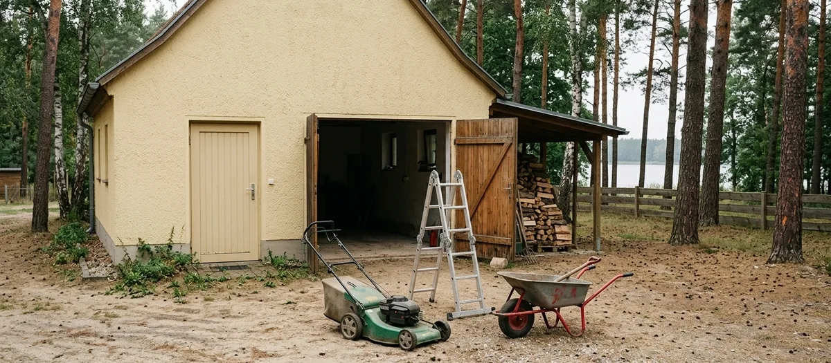 Offene Scheunentür auf einem Hof, davor stehen Rasenmäher, Leiter und Schubkarre bereit zum Verladen, im Hintergrund gestapeltes Brennholz unter einem Vordach
