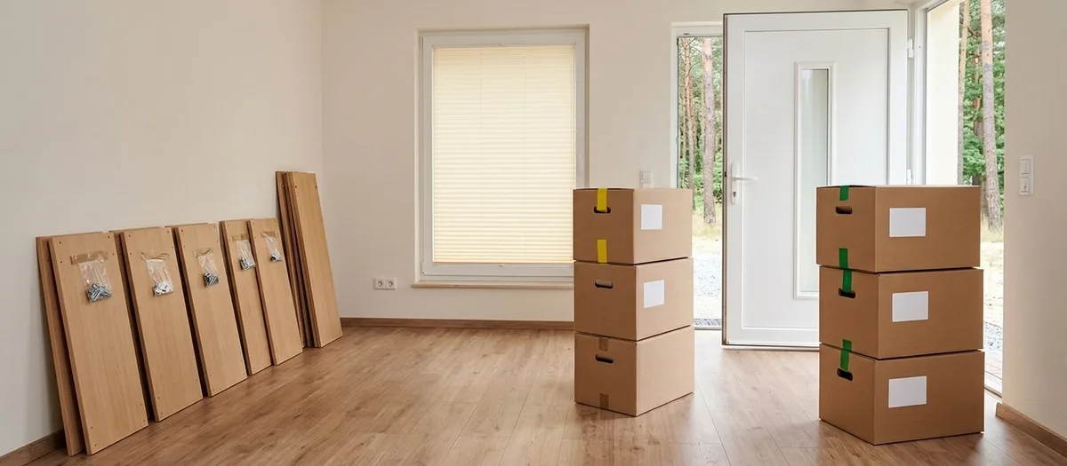 Zwei mit farbigem Klebeband markierte Kistenstapel stehen getrennt in einem leeren Wohnzimmer, an der Wand lehnt eine zerlegte Schrankwand mit beschrifteten Beutelchen