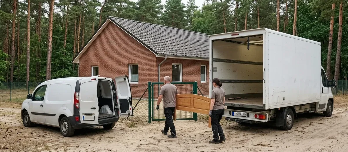 Ein Möbelfahrzeug und ein kleinerer Transporter stehen nebeneinander vor einem Grundstück, zwischen beiden tragen zwei Umzugskräfte eine zerlegte Schrankwand