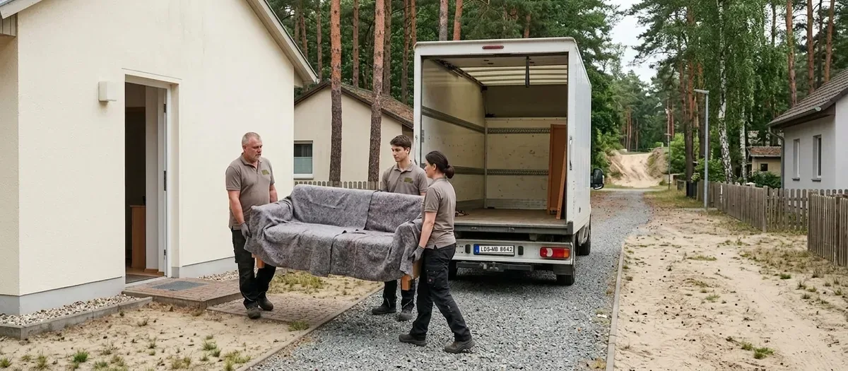 Zwei Umzugskräfte tragen ein in Decken gewickeltes Sofa aus einer Haustür zur offenen Hecktür eines Möbelfahrzeugs, das in einer sonnigen Dorfstraße wartet